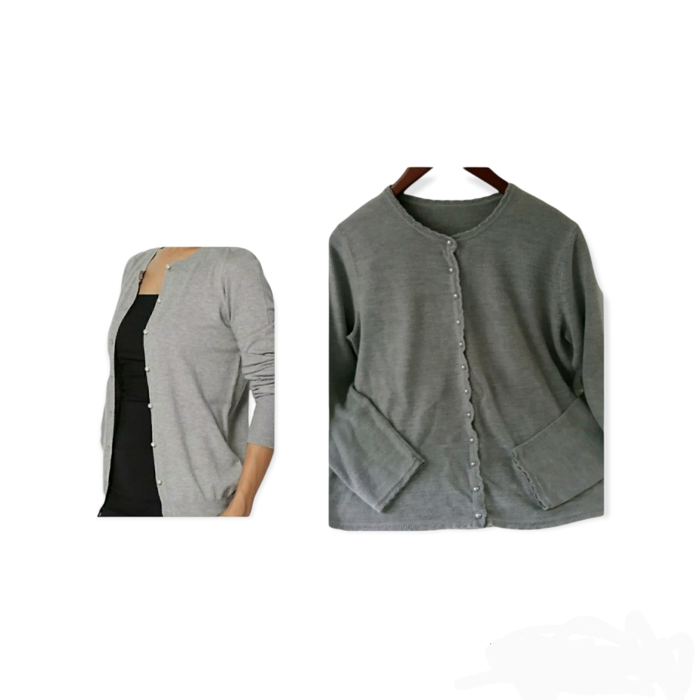 Womens sz Med Soft Gray Maurices Faux pearl Button up Cardigan sweater